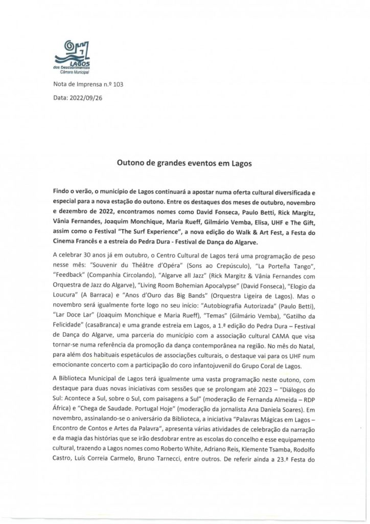 CÂMARA MUNICIPAL DE LAGOS - NOTAS DE IMPRENSA
